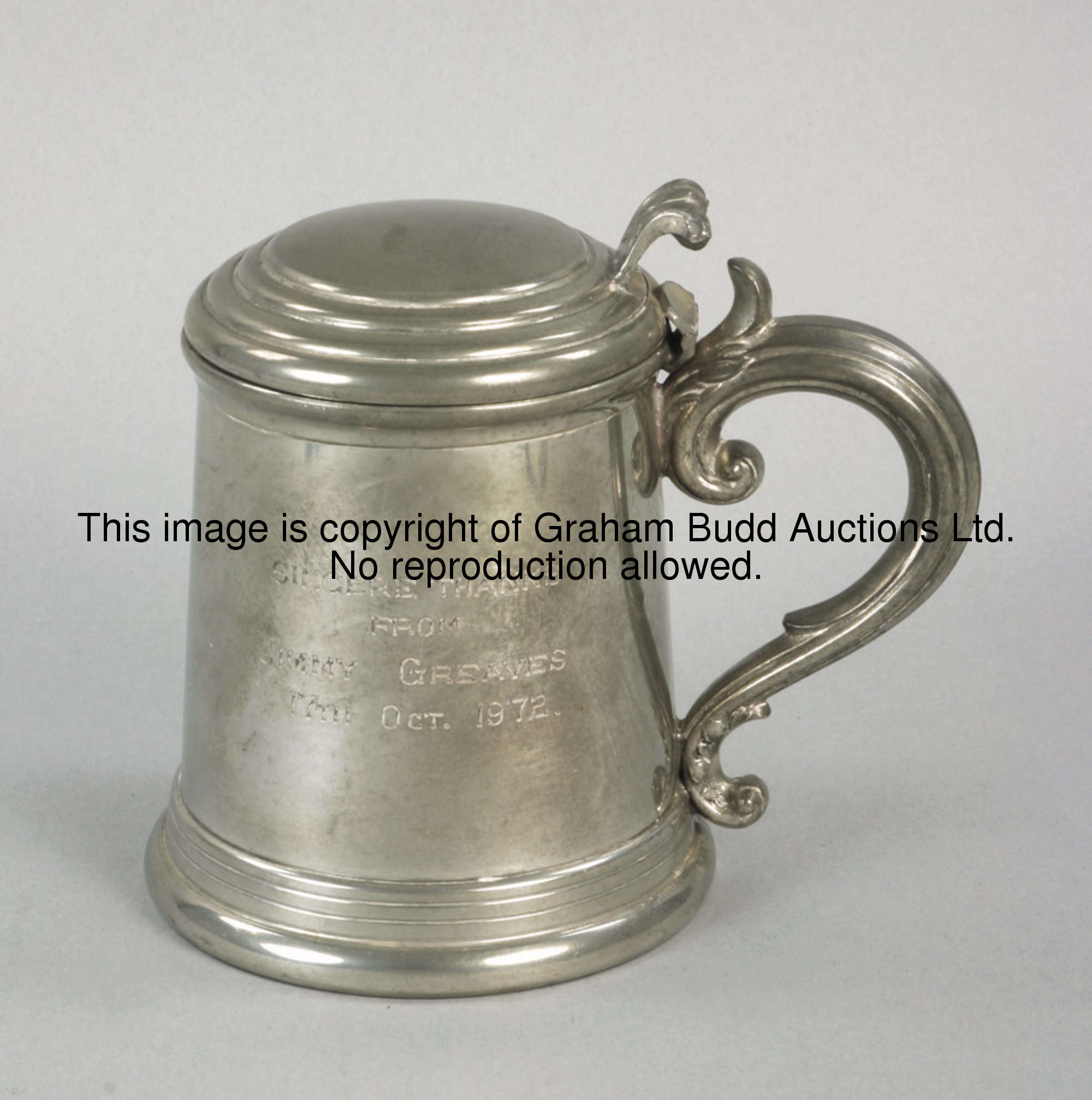 A Jimmy Greaves Testimonial presentation, in the form of a pewter tankard inscribed SINCERE THANKS F...