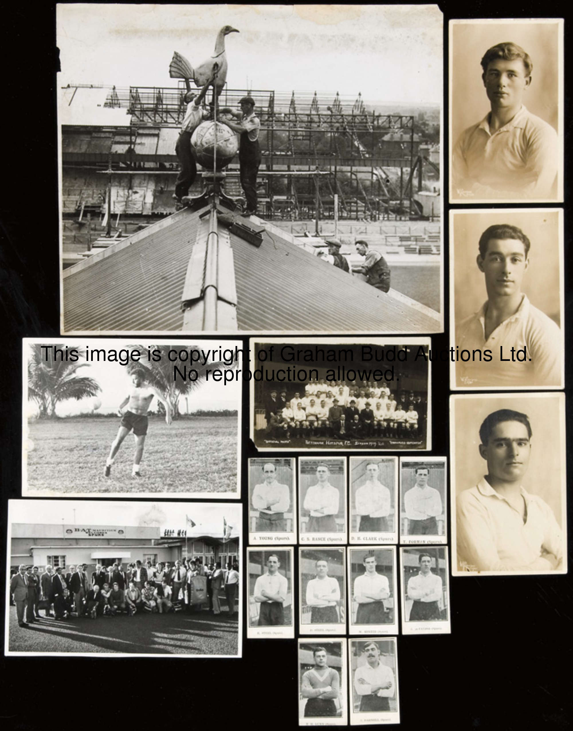 Photographs, postcards & cigarette cards, b&w press photographs including 9 examples from the Spurs ...