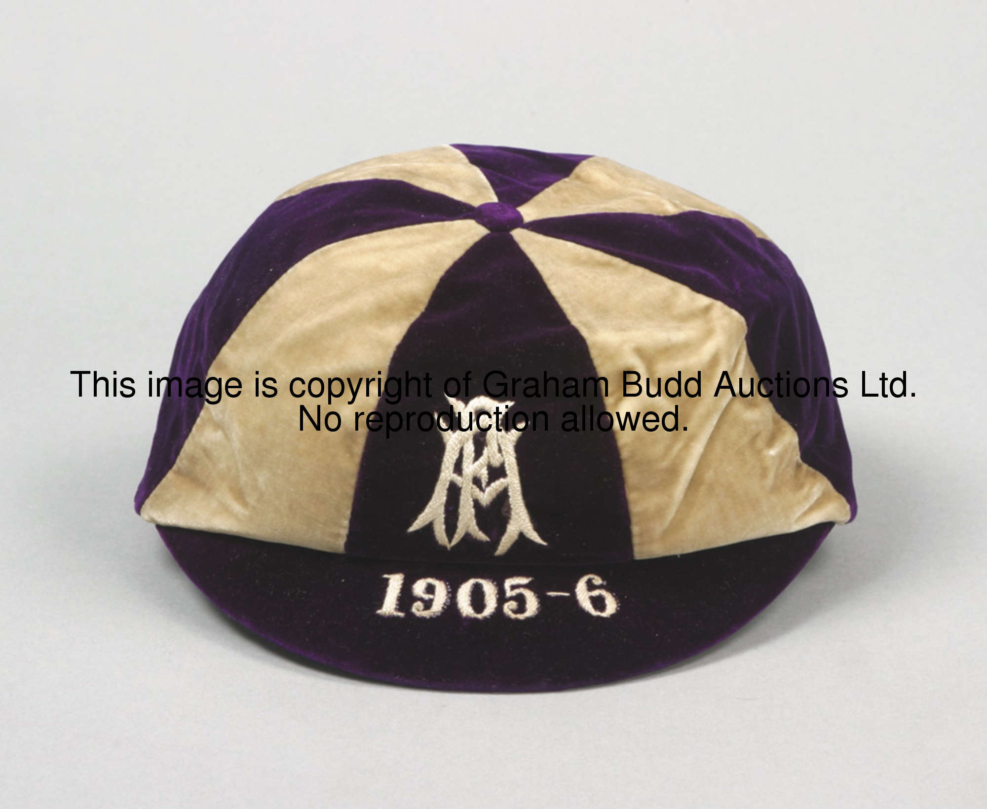 A purple & white F.A. international trial cap season 1905-06 inscribed F.A., 1905-6