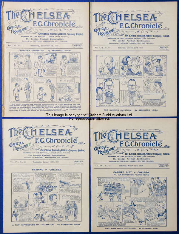 Six Chelsea home programmes season 1920-21, v Sunderland, a combined for Aston Villa & Spurs Reserve...