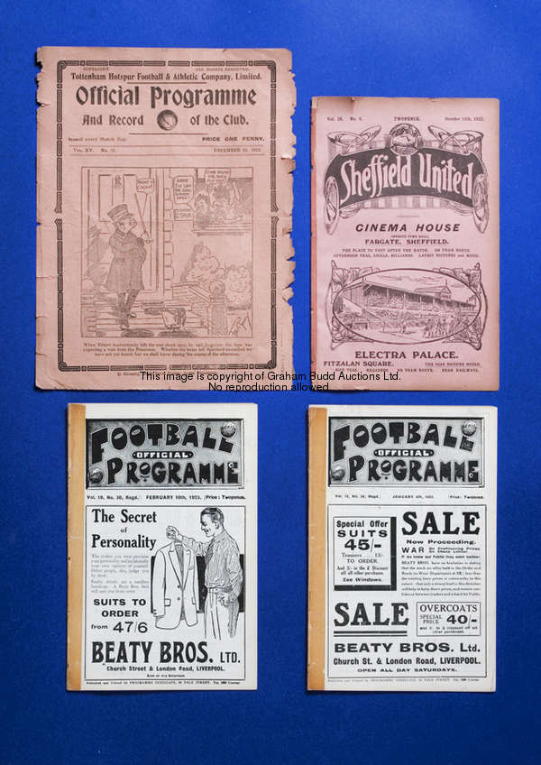 Four Chelsea away programmes season 1922-23, Sheffield United; Tottenham Hotspur; Liverpool, a combi...