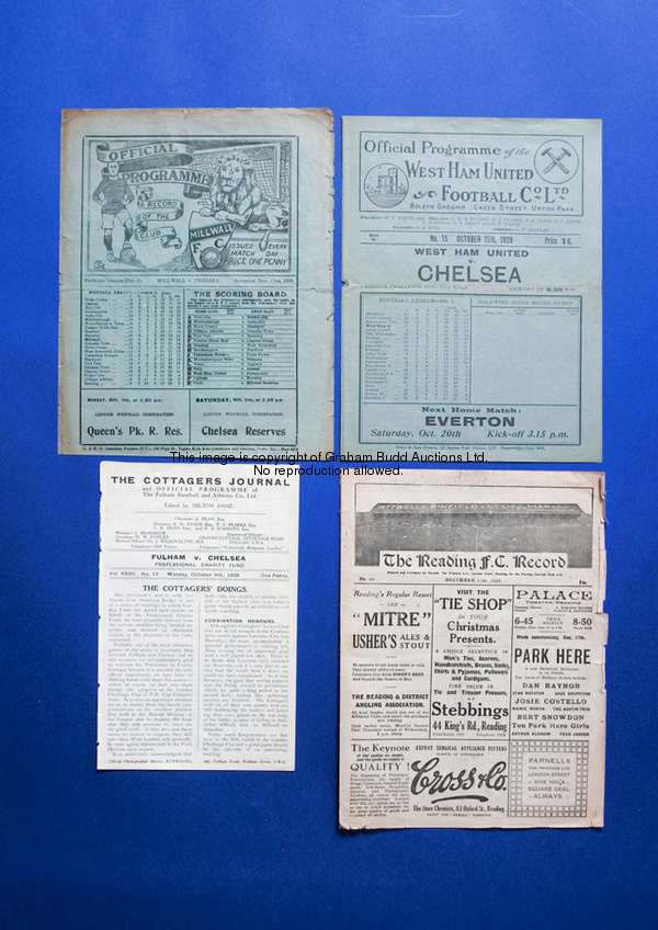 Four Chelsea away programmes season 1928-29, Reading, Millwall, West Ham (London Challenge Cup) & Fu...
