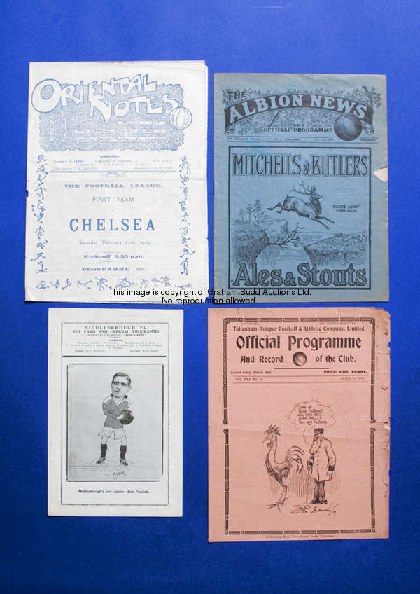 Four Chelsea away programmes season 1928-29, Tottenham Hotspur, Clapton Orient, WBA & Middlesbrough,...