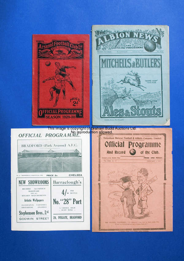 Four Chelsea away programmes season 1929-30, Arsenal (Cup), WBA, Tottenham Hotspur & Bradford P.A., ...