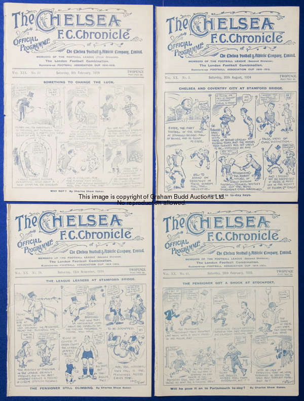 Seven Chelsea home programmes season 1924-25, v Derby, Bradford City, Wolves, Oldham, Clapton, South...