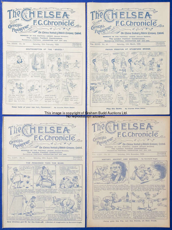 Eight Chelsea home programmes season 1928-29, v Swansea, Bradford P.A., Middlesbrough, Barnsley, Not...