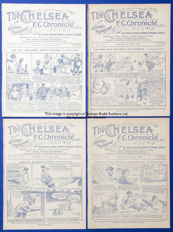 Eight Chelsea home programmes season 1928-29, v Portsmouth (Cup), Oldham, Wolves, MIllwall, Grimsby,...