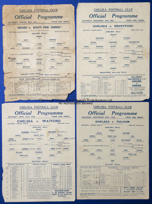Eight Chelsea wartime programmes season 1943-44, two for Watford, Spurs, West Ham, Aldershot, Charlt...