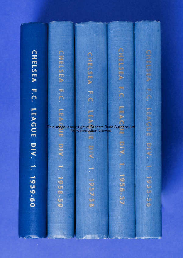 Five bound volumes of Chelsea home programmes covering seasons 1955-56 to 1959-60, first team, reser...