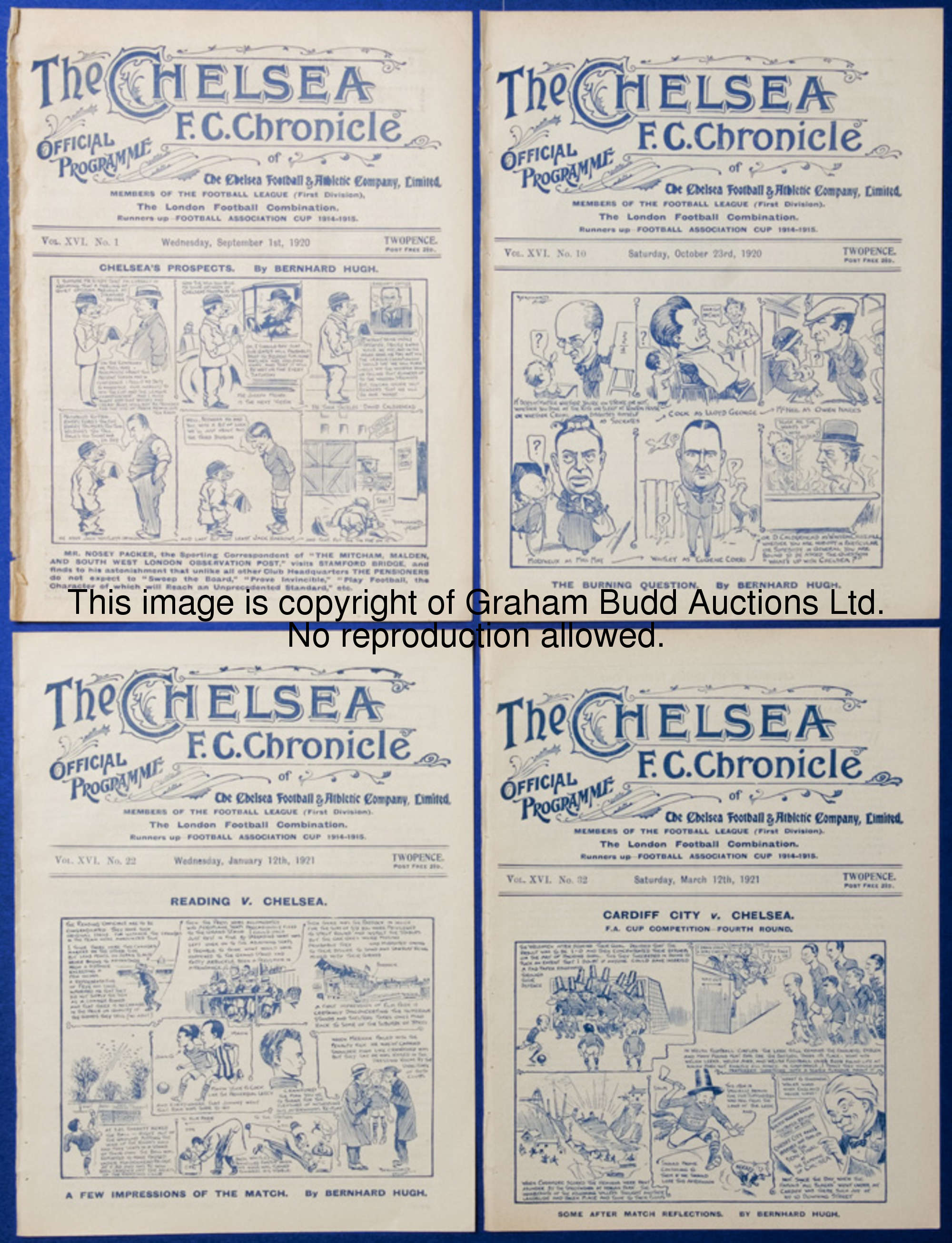 Six Chelsea home programmes season 1920-21, v Sunderland, a combined for Aston Villa & Spurs Reserve...