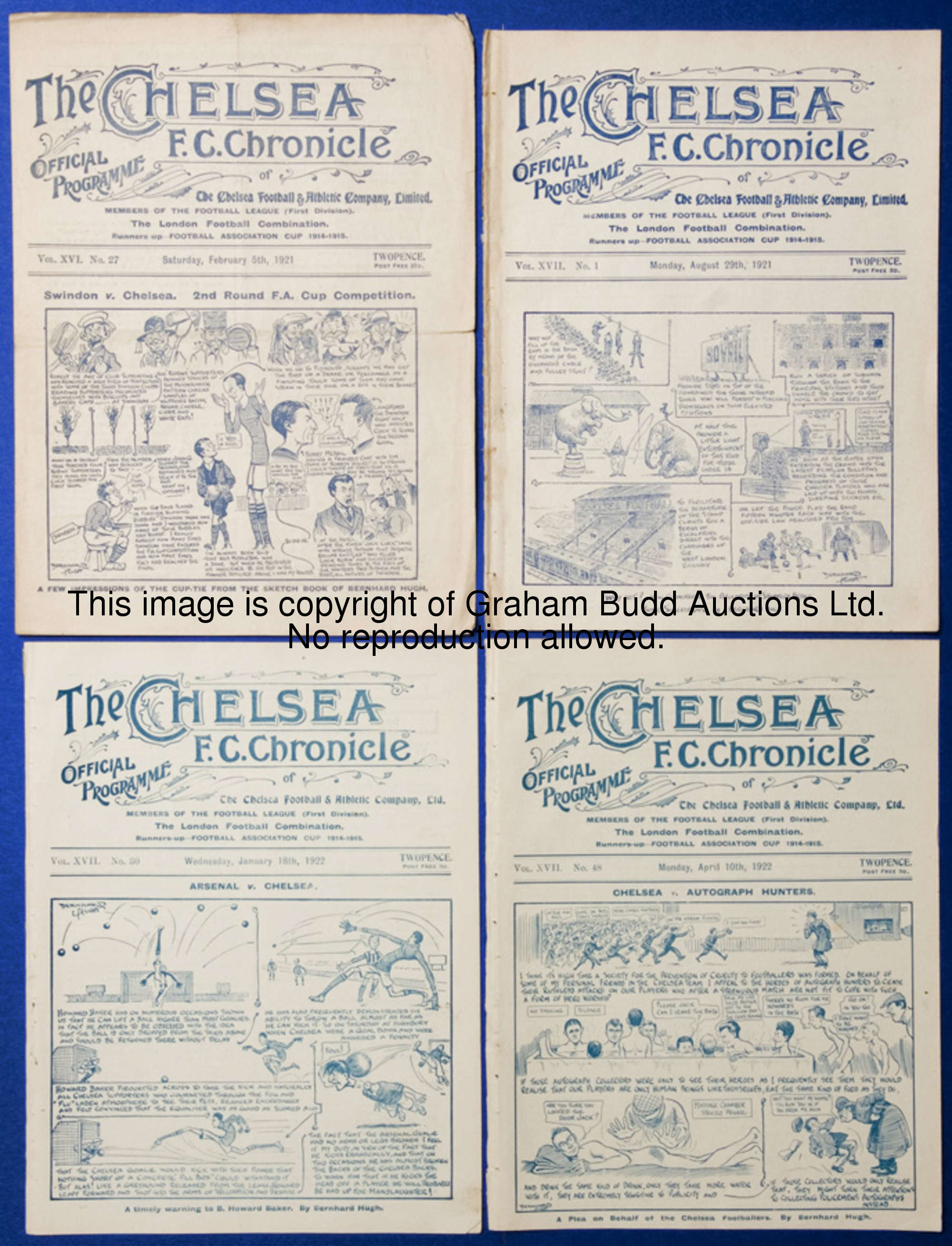 Seven Chelsea home programmes season 1921-22, v Bolton, Bradford City, Preston, Tottenham Hotspur, M...