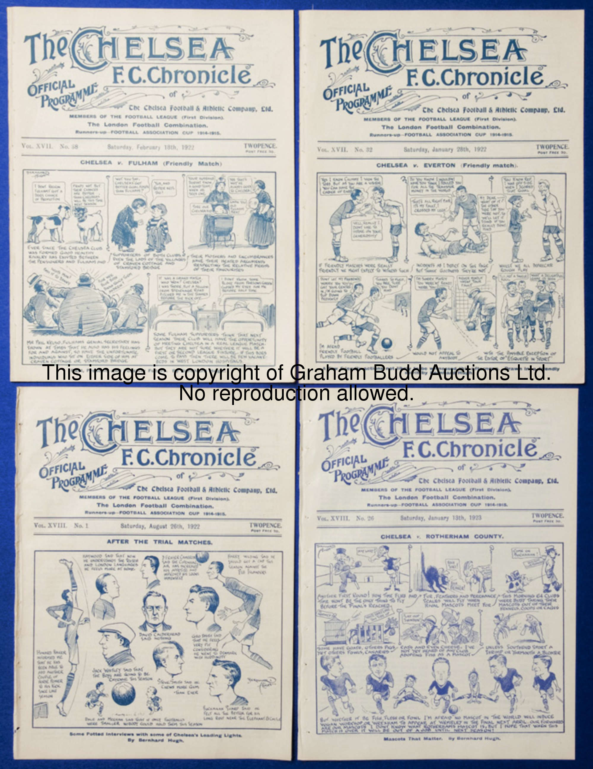 Eight Chelsea home programmes season 1922-23, v Rotherham County (Cup), Newcastle, Southampton (Cup)...