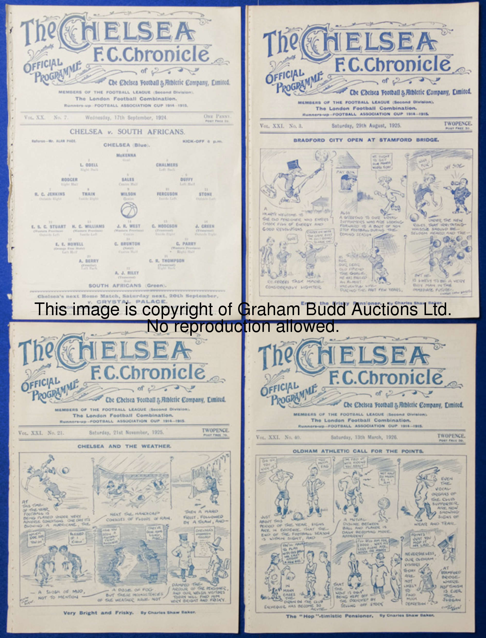 Seven Chelsea home programmes season 1925-26, v Bradford City, Notts Forest, Barnsley, Fulham, Hull,...