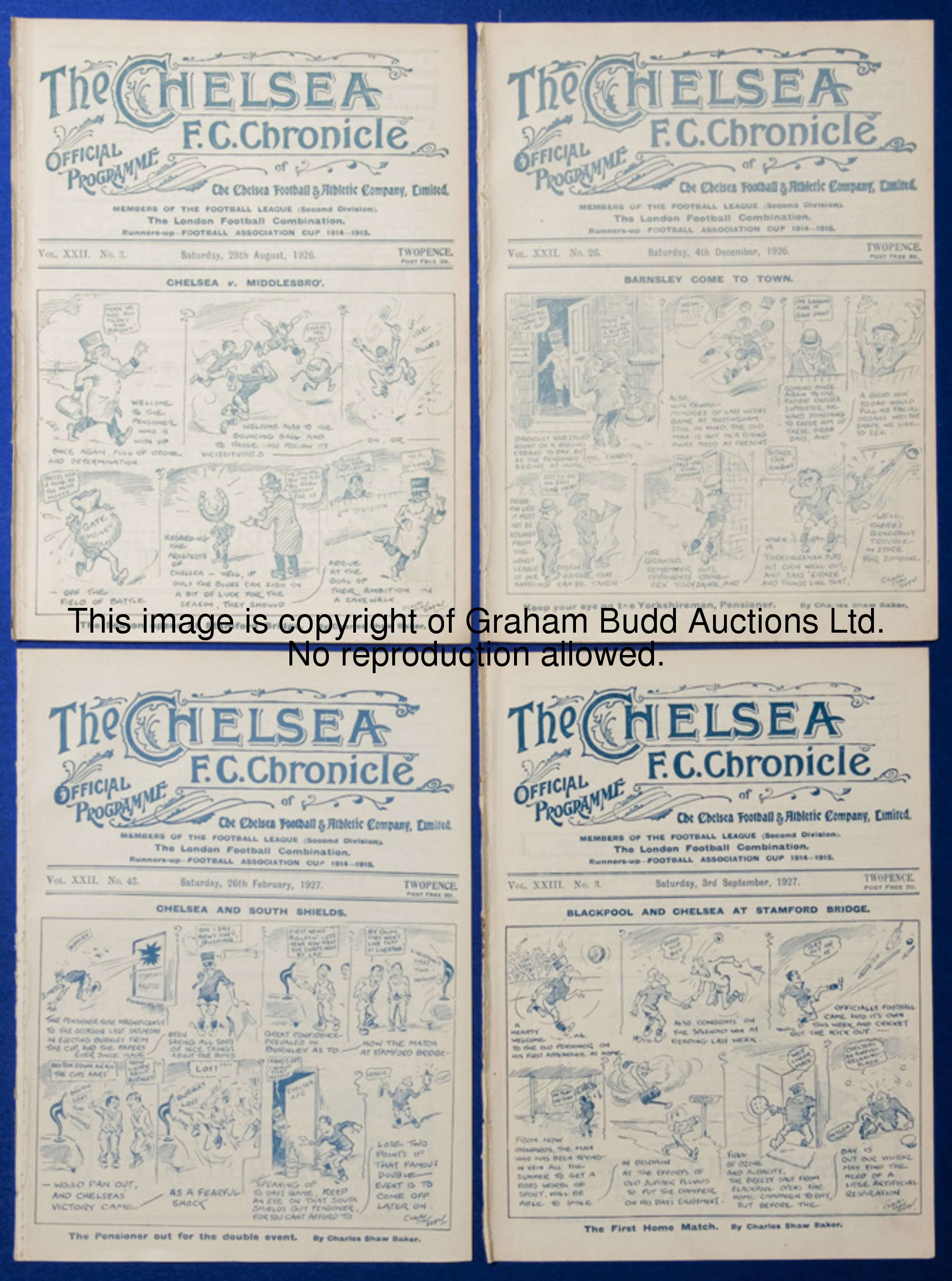 Eight Chelsea home programmes season 1926-27, v Middlesbrough, Notts County, Southampton, Fulham, Pr...