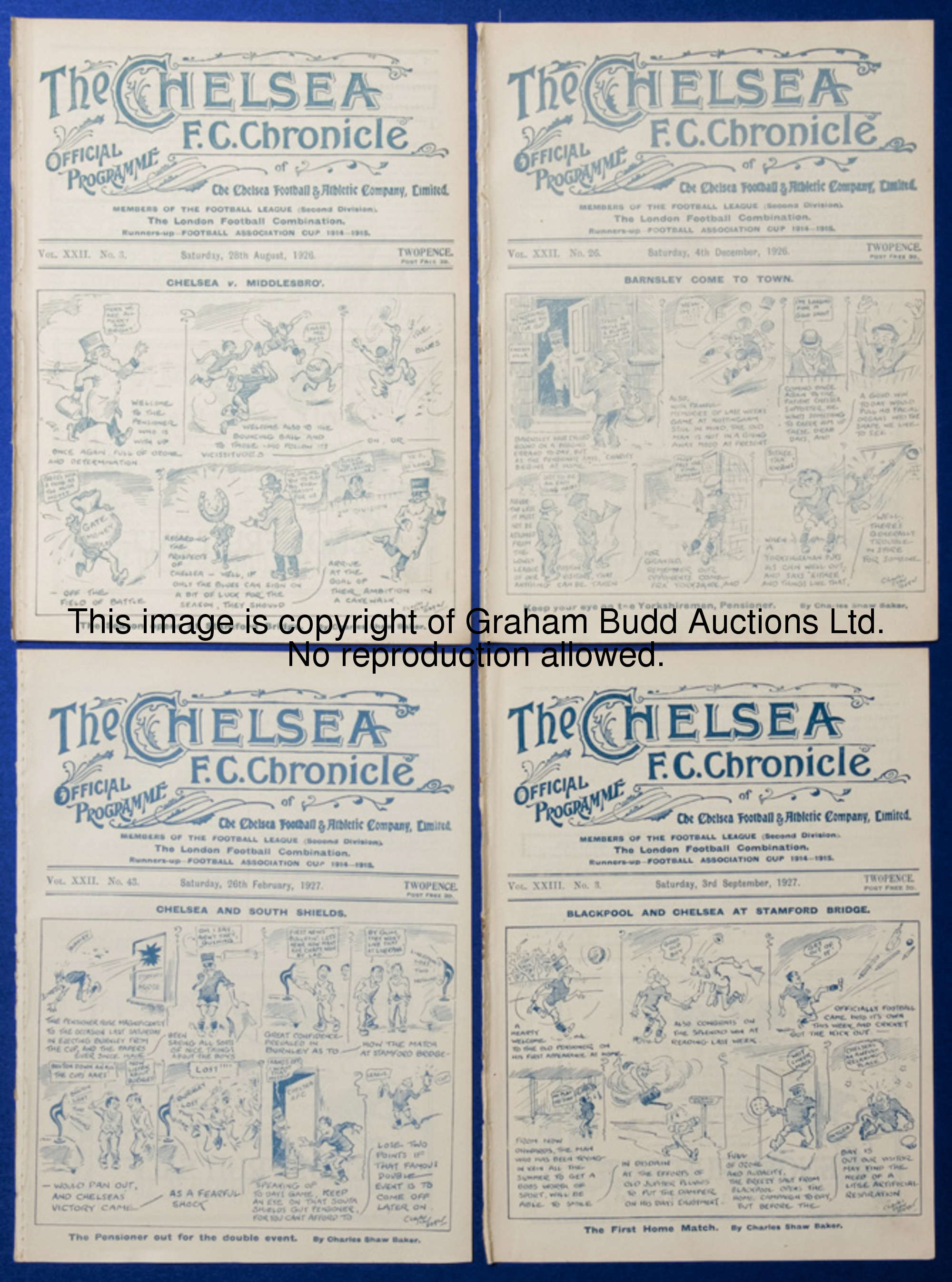 Eight Chelsea home programmes season 1926-27, v Barnsley, Darlington, Hull, Clapton Orient, Luton (C...