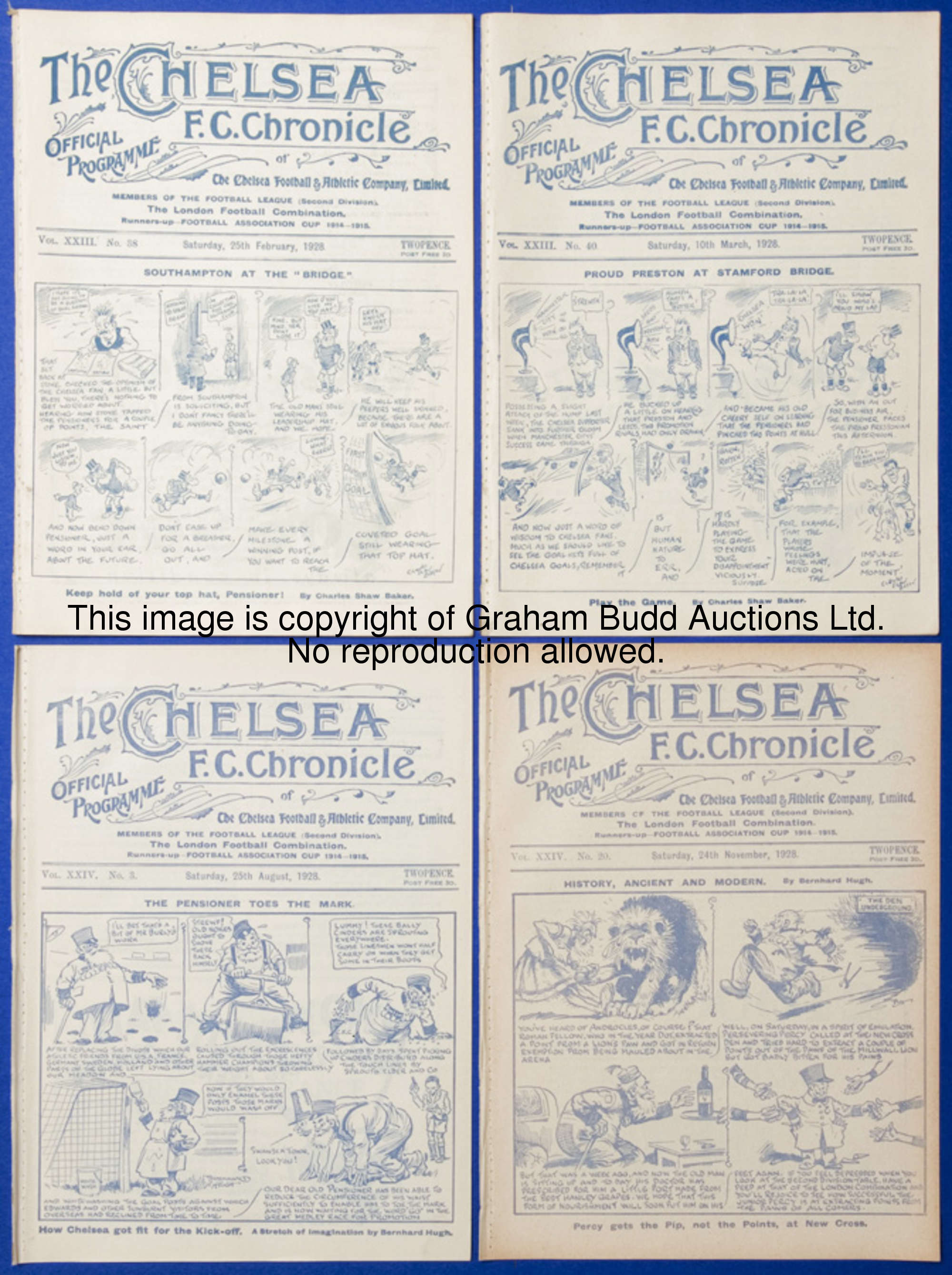 Seven Chelsea home programmes season 1927-28, v Southampton, South Shields, Wolves, Reading, Fulham,...