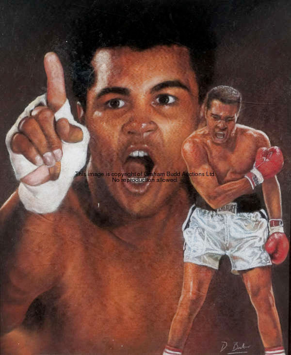 Darren Baker (contemporary) MUHAMMAD ALI signed, coloured pastels 36 by 30.5cm., 14 by 12in..