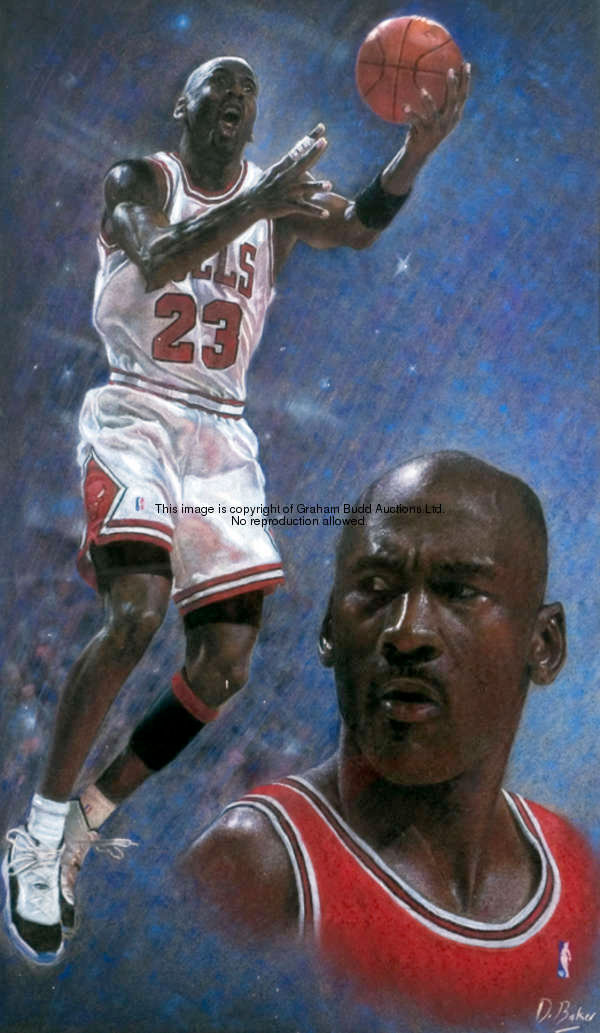 Darren Baker (contemporary) MICHAEL JORDAN signed, coloured pastels unframed, 49  by 31cm., 19 1/4 b...