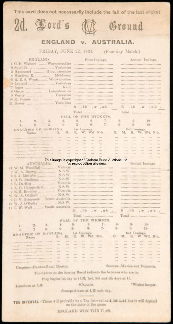 A collection of cricket scorecards for Test Matches and Tourists fixtures in England, England v Aust...