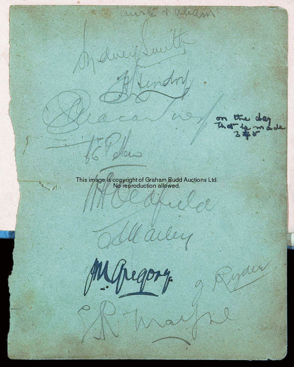 A cricket & sporting autograph album, pasted pre-war groups including the 1925 Australians (an inscr...