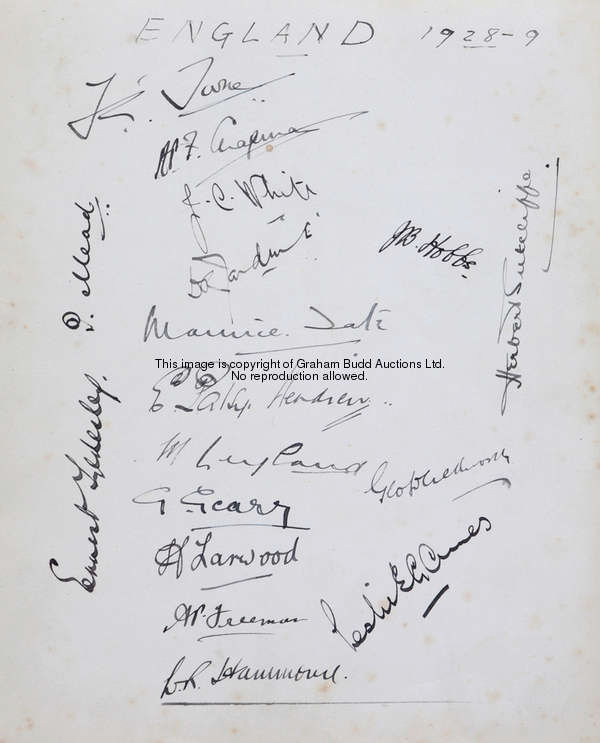A cricket autograph book 1928-29, the large page format including the signatures of the Australia an...