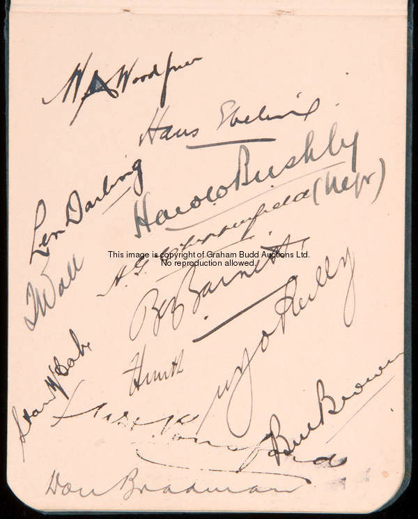 An autograph book containing the signatures of the 1934 Australians, 13 signatures in ink on a singl...