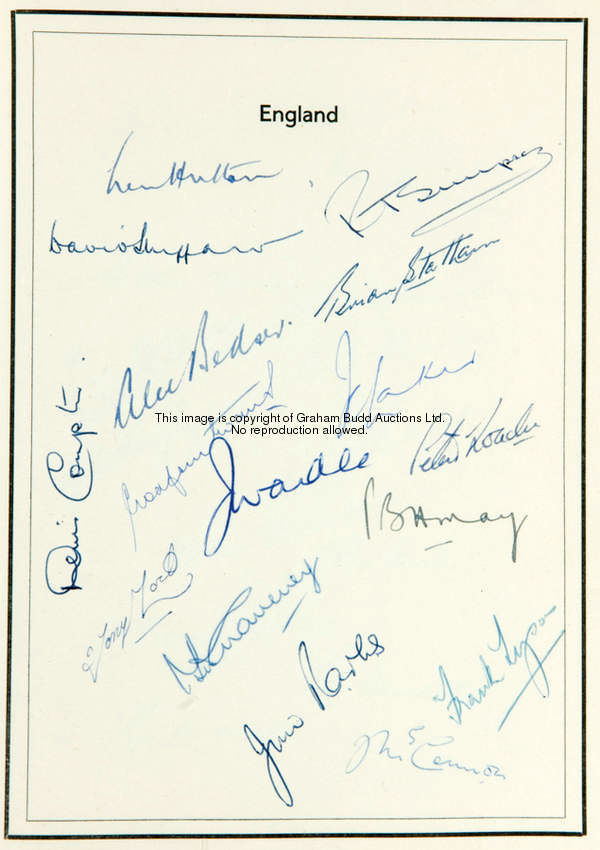 A fine 1950s cricket autograph album, containing carefully presented team-group signatures in ink on...