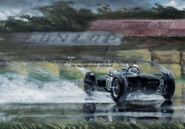 British School (20th century) STIRLING MOSS SPINNING BRITISH GRAND PRIX AINTREE 1961 unsigned, oil o...