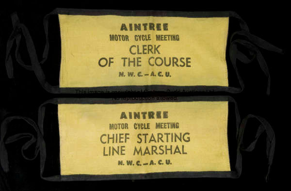 A set of Aintree motorcycle racing A.C.U. officials' and marshals' armbands, in yellow and black can...