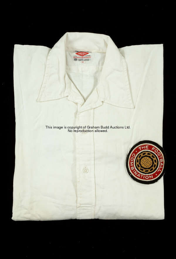 Maurice Norman's white Football Combination No.5 shirt long-sleeved, button-up collar, embroidered b...