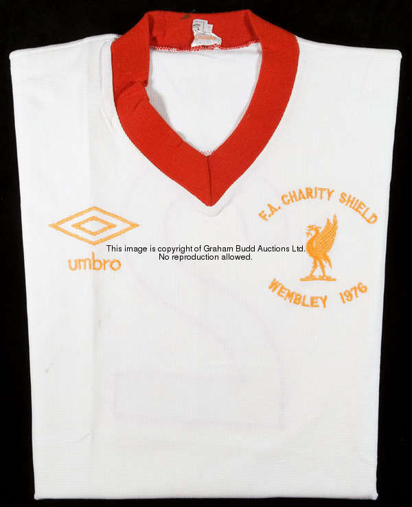 Phil Neal's match-worn white and red Liverpool 1976 F.A. Charity Shield No.2 jersey, with badge insc...