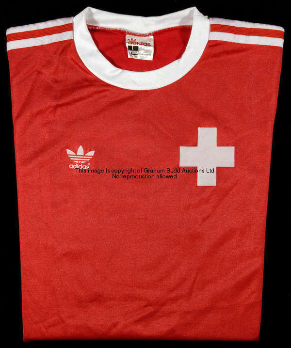 Umberto Barberis: a red Switzerland No.8 international jersey, short-sleeved