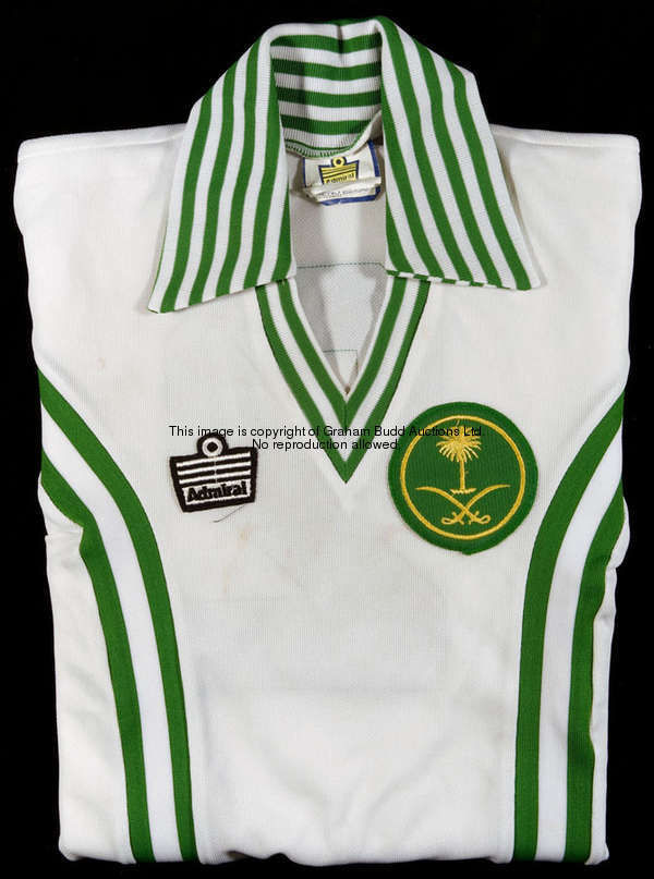 A white and green Saudi Arabia No.2 international jersey, short-sleeved