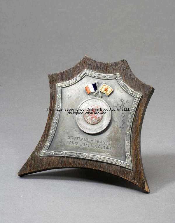 A trophy shield for the Scotland v France international played in Paris 23rd May 1948, the silvered ...