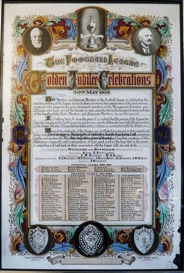 A Football League Golden Jubilee Celebrations illuminated address dated 30th May 1938, paper damages...
