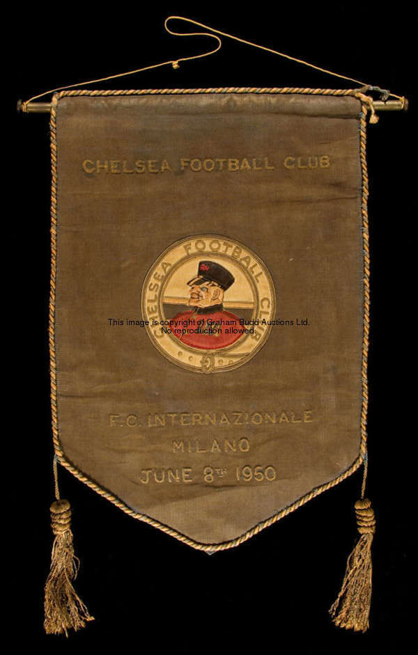 An official Chelsea FC pennant for the match v Internazionale in Milan 8th June 1950, the centre wit...