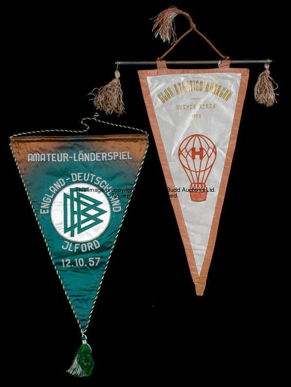 A green silk West Germany Football Association pennant presented for the England v. West Germany Ama...