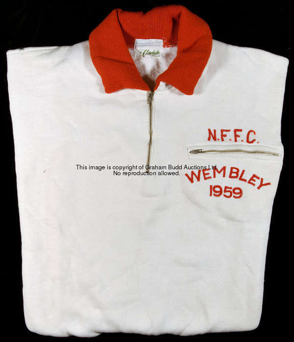 Nottingham Forest 1959 F.A. Cup final memorabilia, comprising a white & red player's track suit top ...