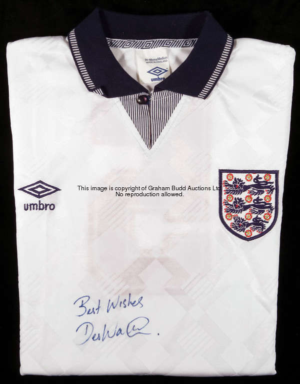 Des Walker: a signed white England No.5 international jersey, long-sleeved, signed in fine blue mark...