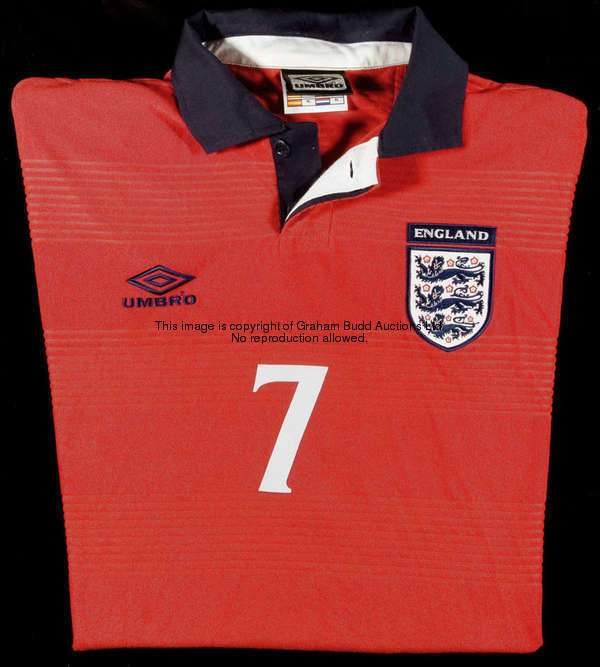 David Beckham: a red England No.7 Euro 2000 jersey, long-sleeved, unworn spare, Euro 2000 and UEFA F...
