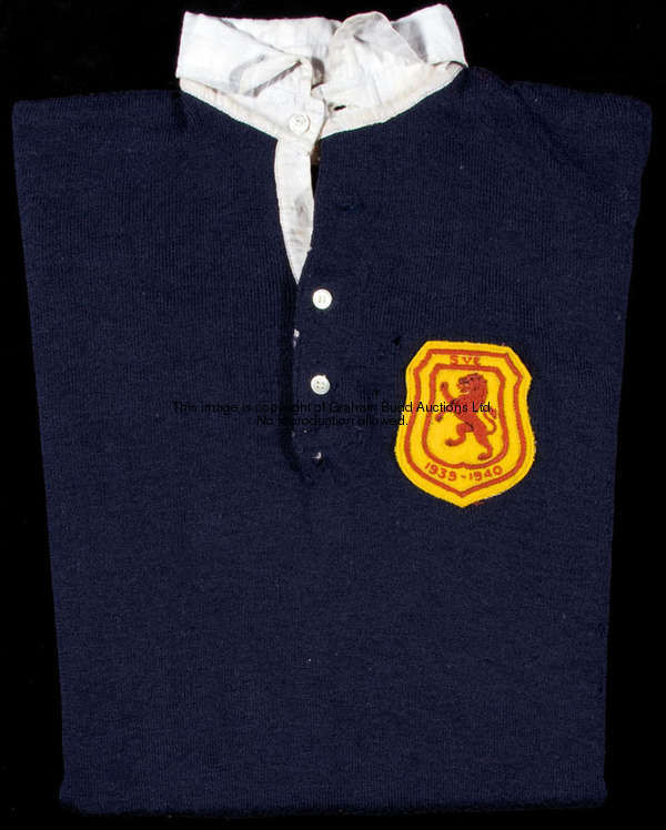 Robert Denholm Baxter: a blue knitted woollen Scotland v England wartime international shirt 1939-40...