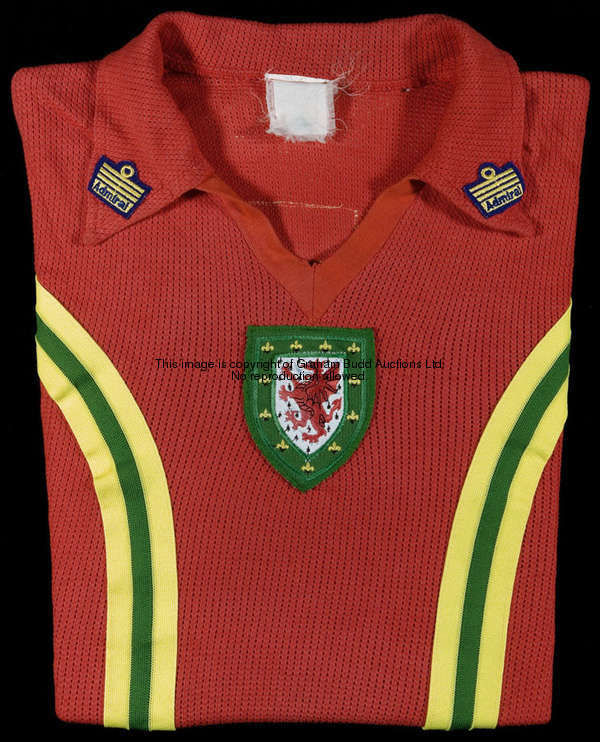 A red, green and yellow Wales No.13 international substitute's jersey circa 1979, short-sleeved, in ...