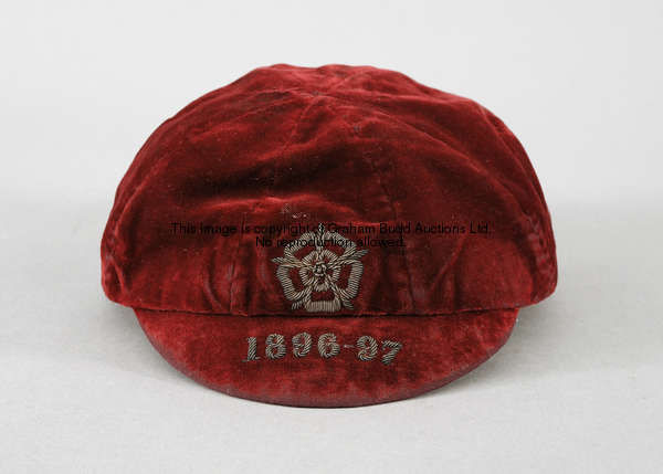 Tom Crawshaw's maroon England v Wales international cap season 1896-97, metal-thread rose motif and ...