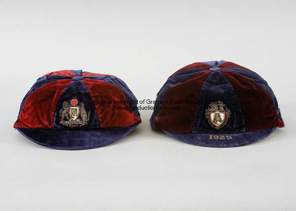 Tom Whittaker's purple & maroon Football Association 1929 Tour of South Africa cap, embroidered F.A....