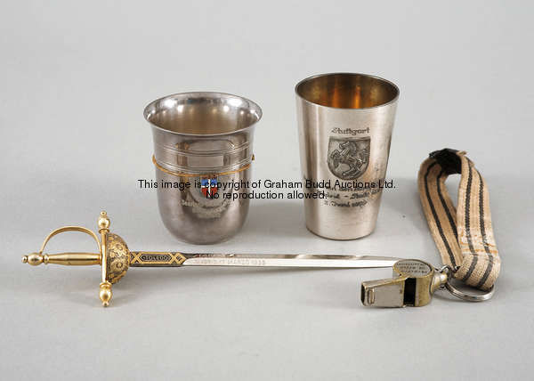 Raymond Kopa memorabilia, comprising: a metal beaker presented on the occasion of the 1959 European ...