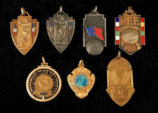 A group of three medals presented to Raymond Kopa, an official gold & enamel F.F.F. Medaille d'Or in...