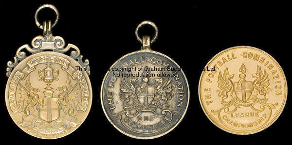 Two Football Combination medals, a silver-gilt League Championship winner's medal season 1956-57 and...