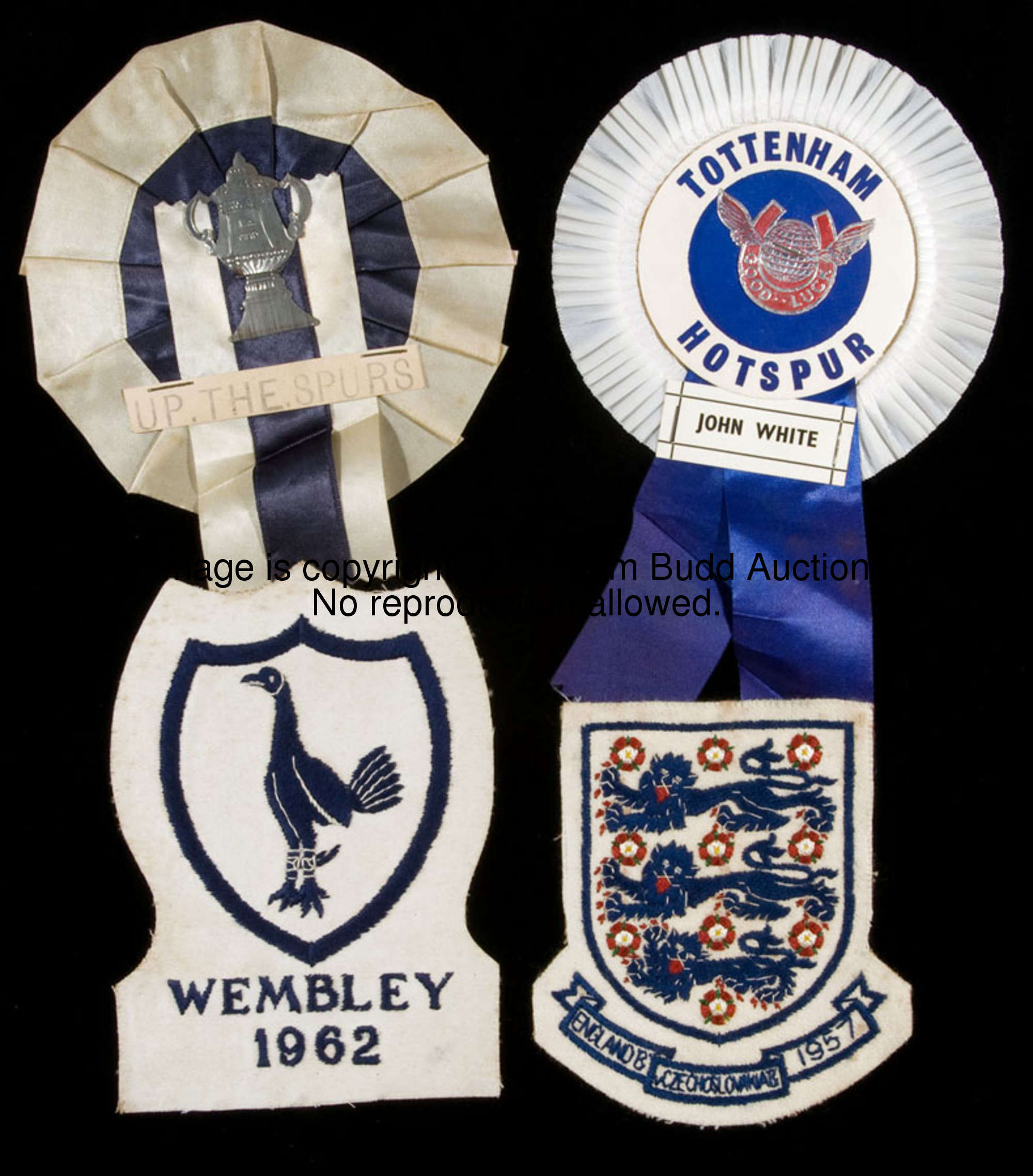 A Tottenham Hotspur 1962 F.A. Cup final cloth shirt badge, sold with an England 'B' v Czechoslovakia...