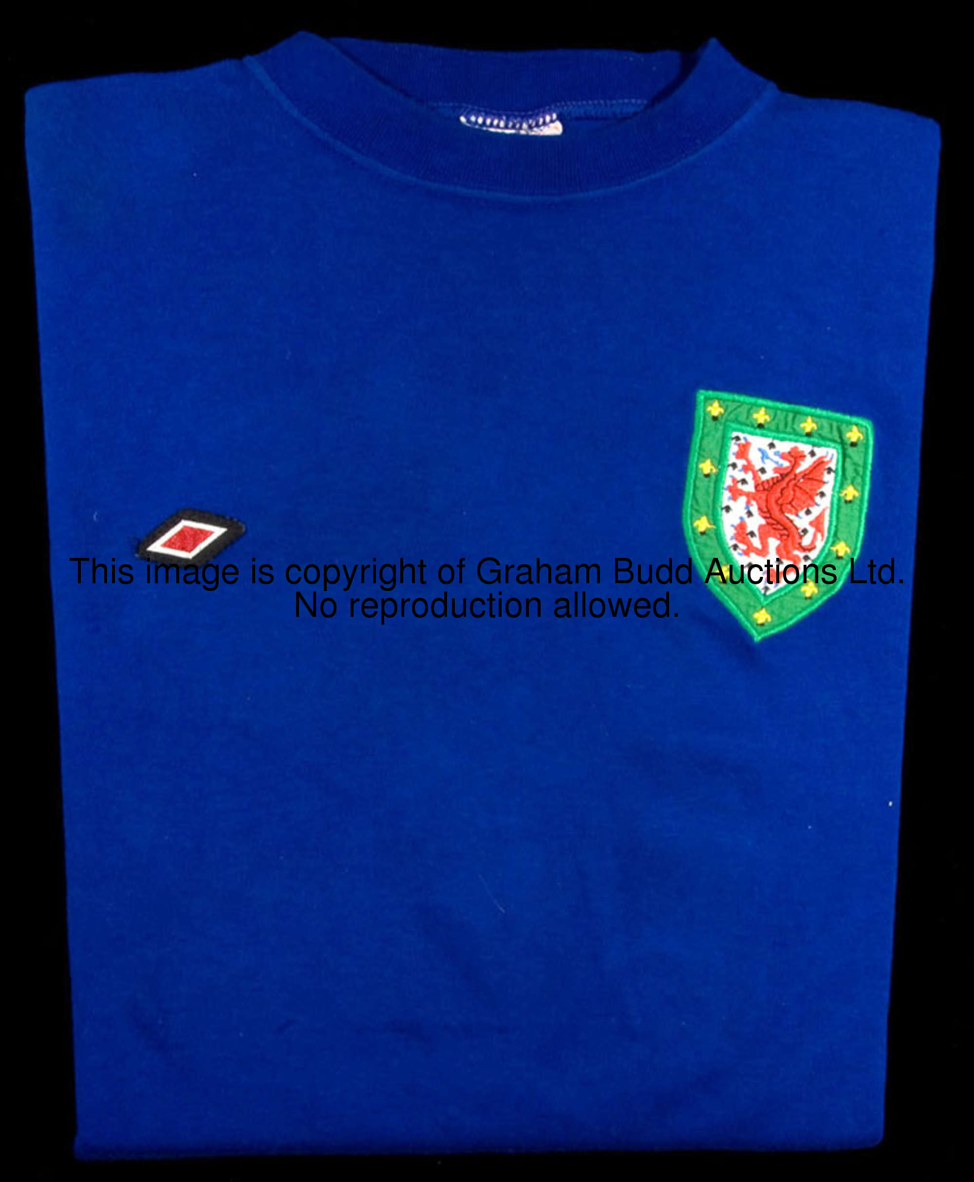 Gary Sprake: a blue No.12 Wales international goalkeeping substitute's jersey circa 1975, long-sleev...