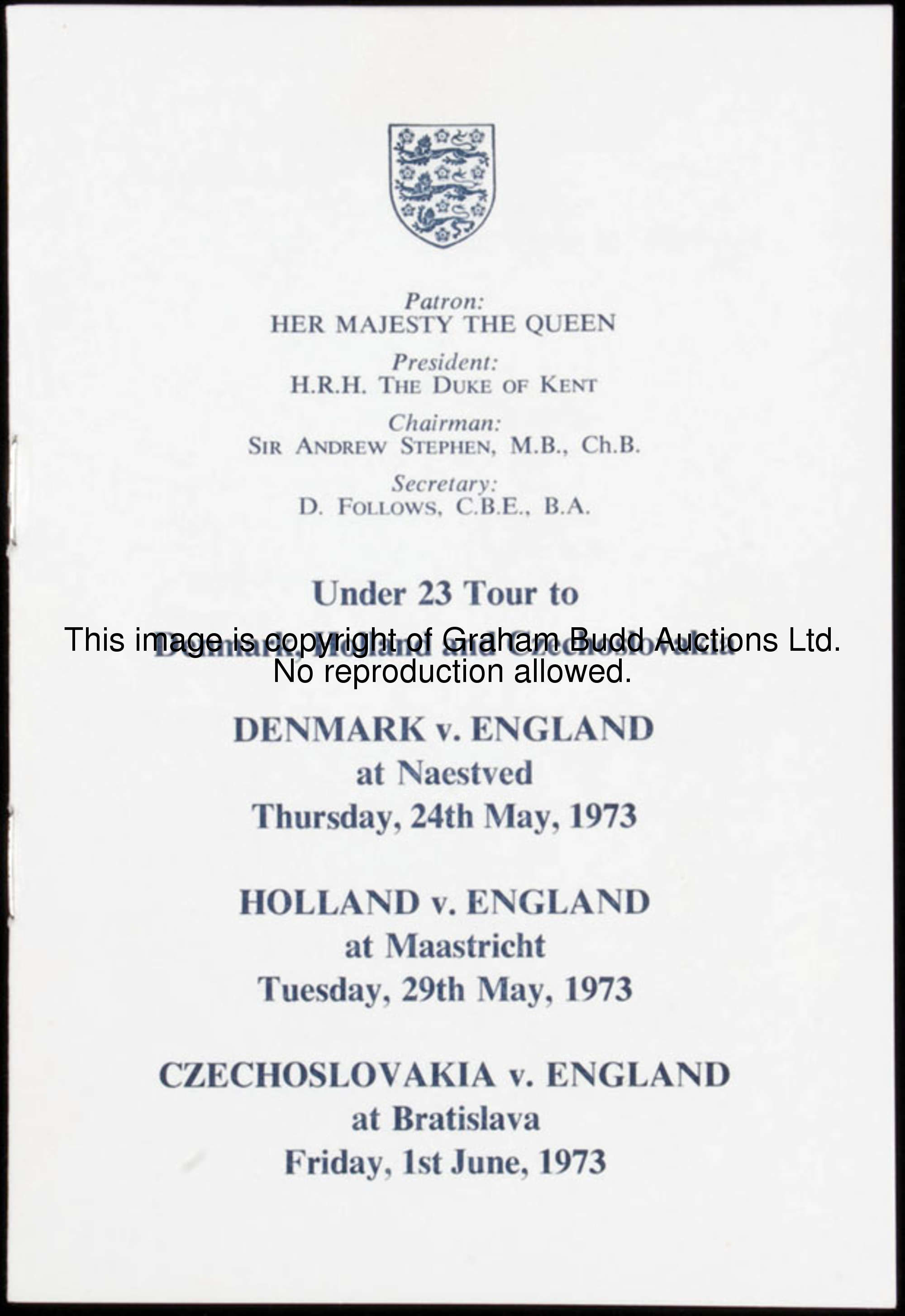 A group of eleven England under-23 international match itineraries issued to Alan Stevenson, dating ...